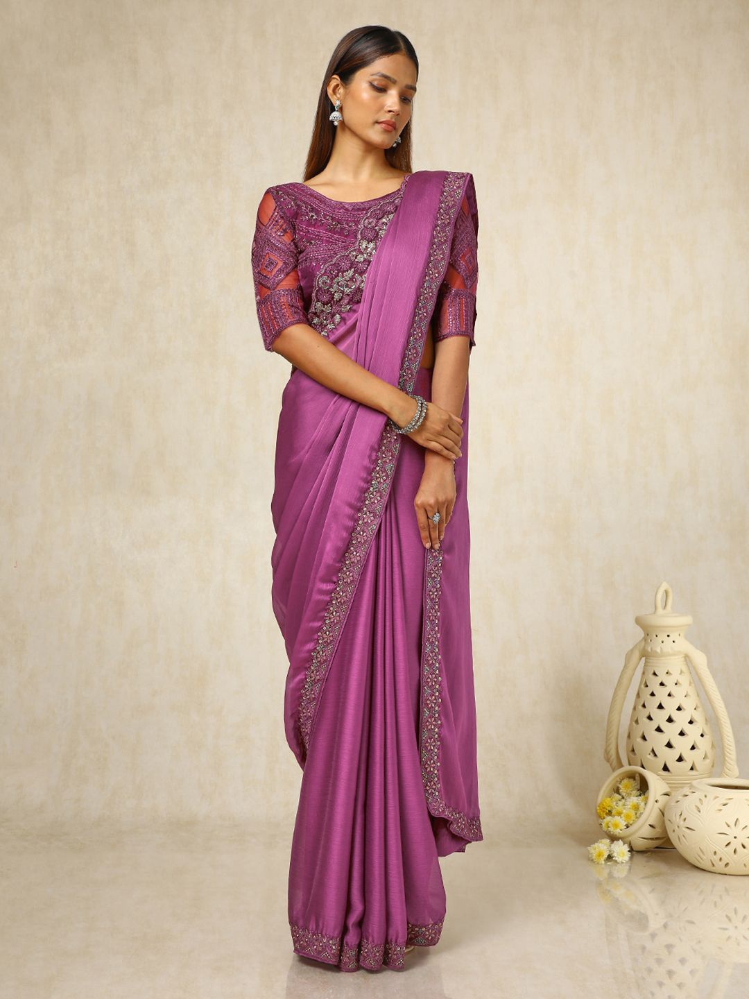 

Soch Embellished Sequinned Pure Chiffon Saree, Purple