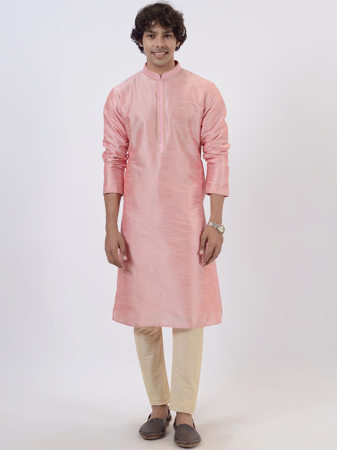 

azania Floral Yoke Design Mandarin Collar Straight Kurta With Pyjamas, Pink