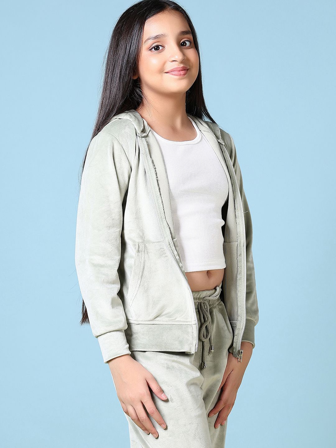 

V-Mart Girls Hooded Pocket Detailing Pure Cotton Jacket With Trousers, Green
