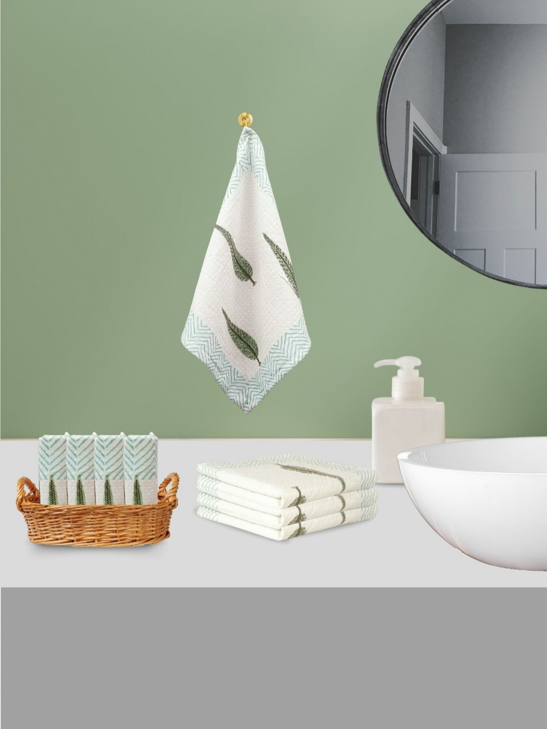

LIVING ROOTS White 8 Pieces Block Print Waffle Cotton 400 GSM Soft & Absorbent Towel Set