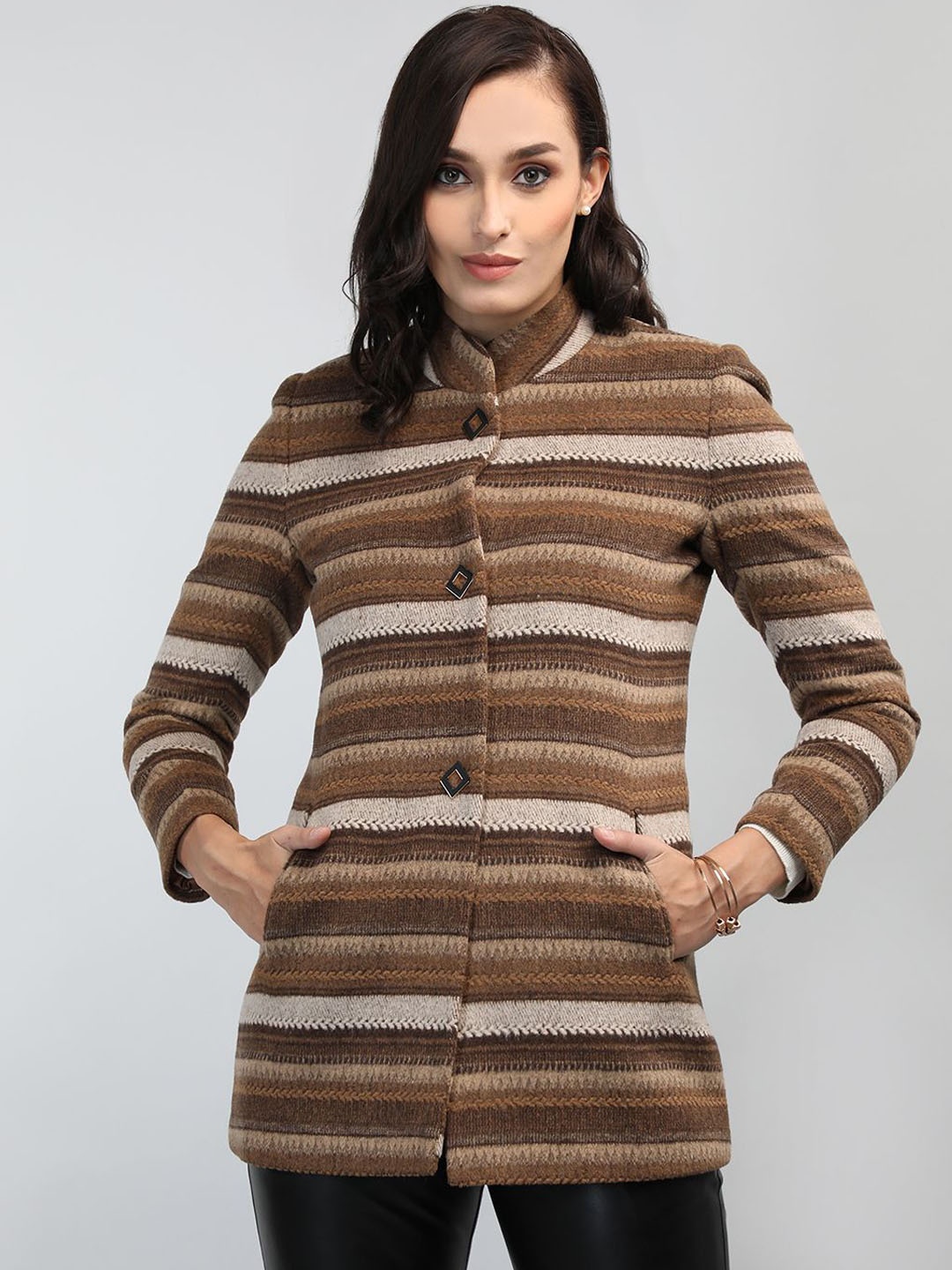 

LURE URBAN Women Striped Winter Wear Overcoat, Brown