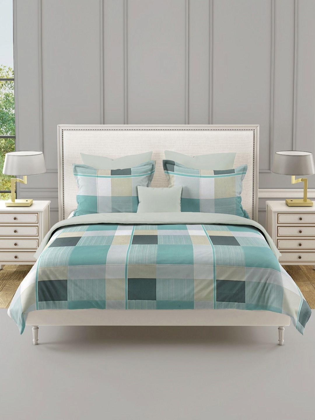 

SWAYAM Blue Geometric Printed Cotton 210 TC King Bedsheet Set 2.74 m x 2.74 m