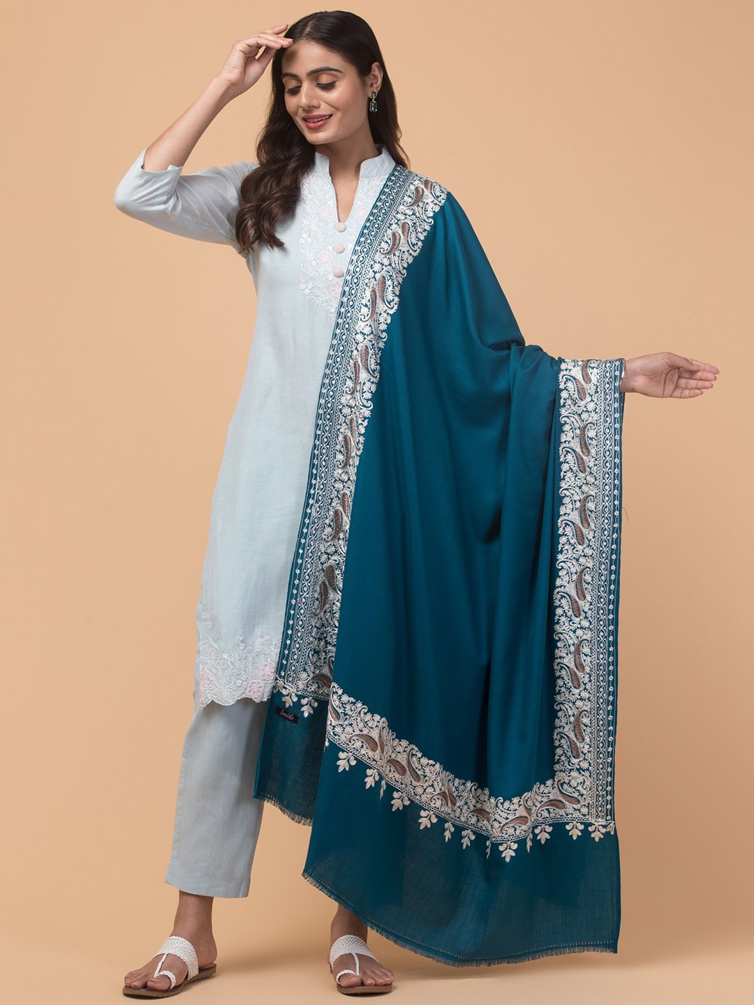 

Tweedle Paisley Kashmiri Embroidered Aari Work Fringed Acrylic Woollen Shawl, Turquoise blue