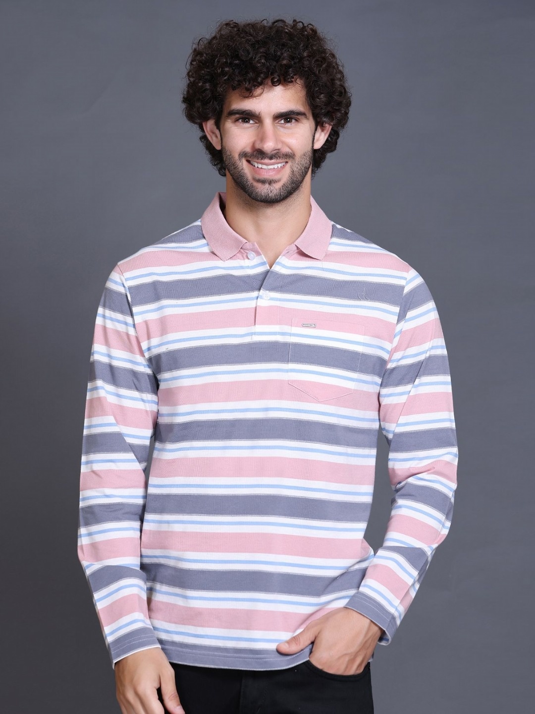

GODFREY Men Striped Polo Collar Pockets T-shirt, Pink