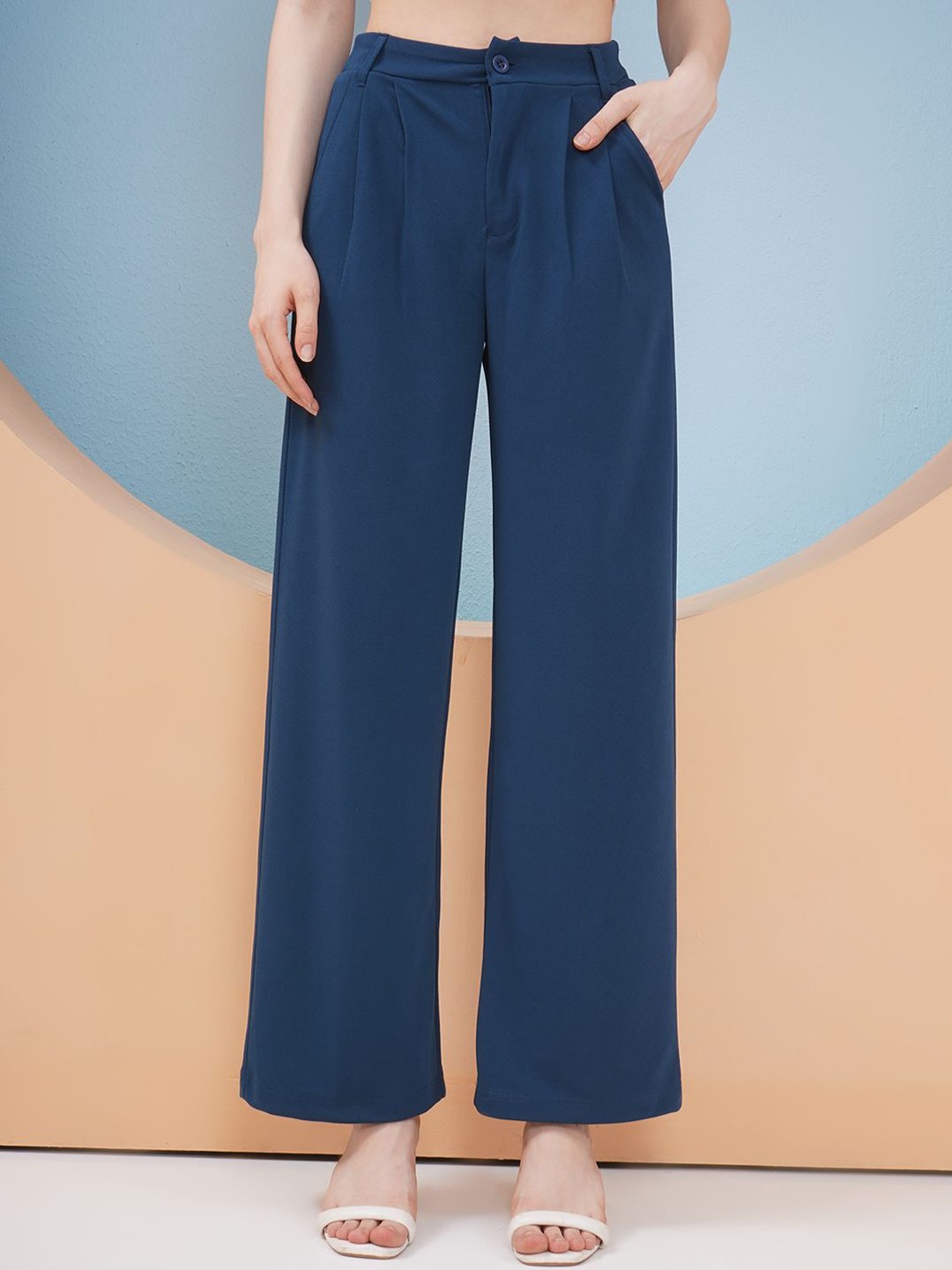 

PUELLA Women Original High-Rise Wrinkle Free Pleated Trousers, Navy blue