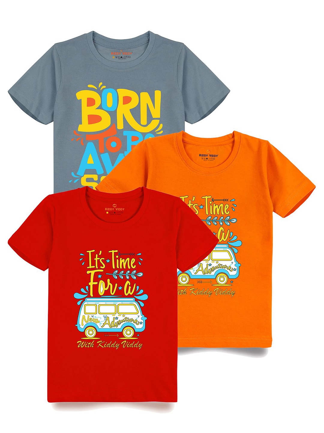 

Kiddy Viddy Boys Pack Of 3 Typography Printed Round Neck Cotton T-shirts, Orange
