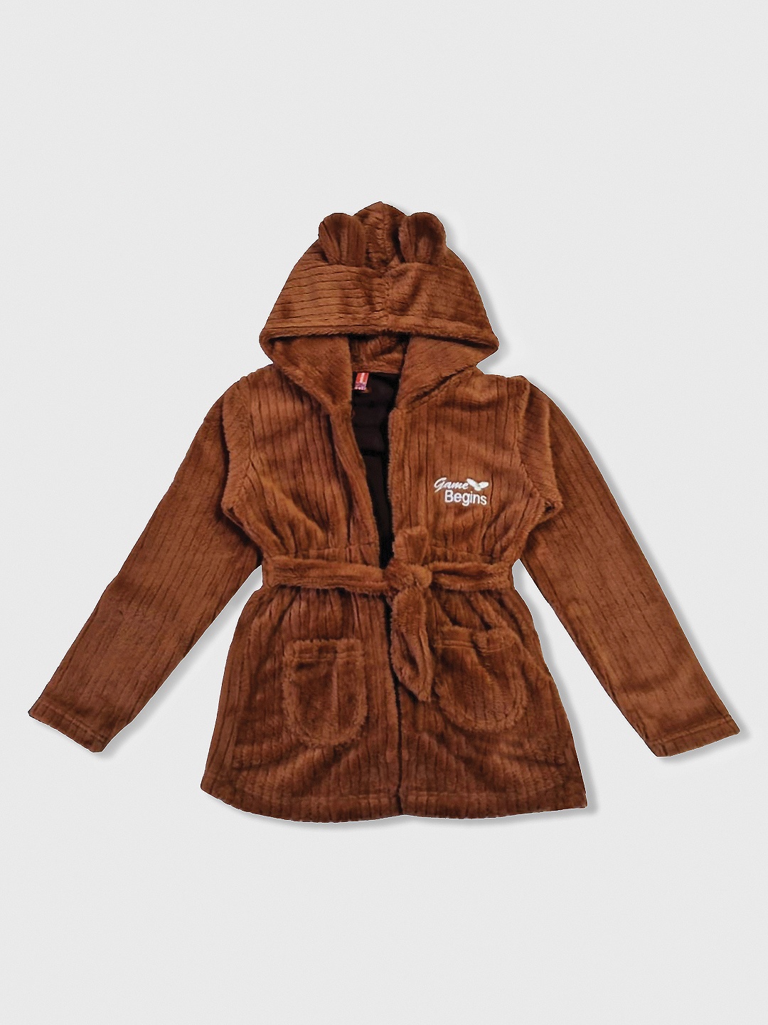 

Here&Now X Game Begins Girls Self-Striped Fleece Fuzzy Longline Open Front Jacket, Brown