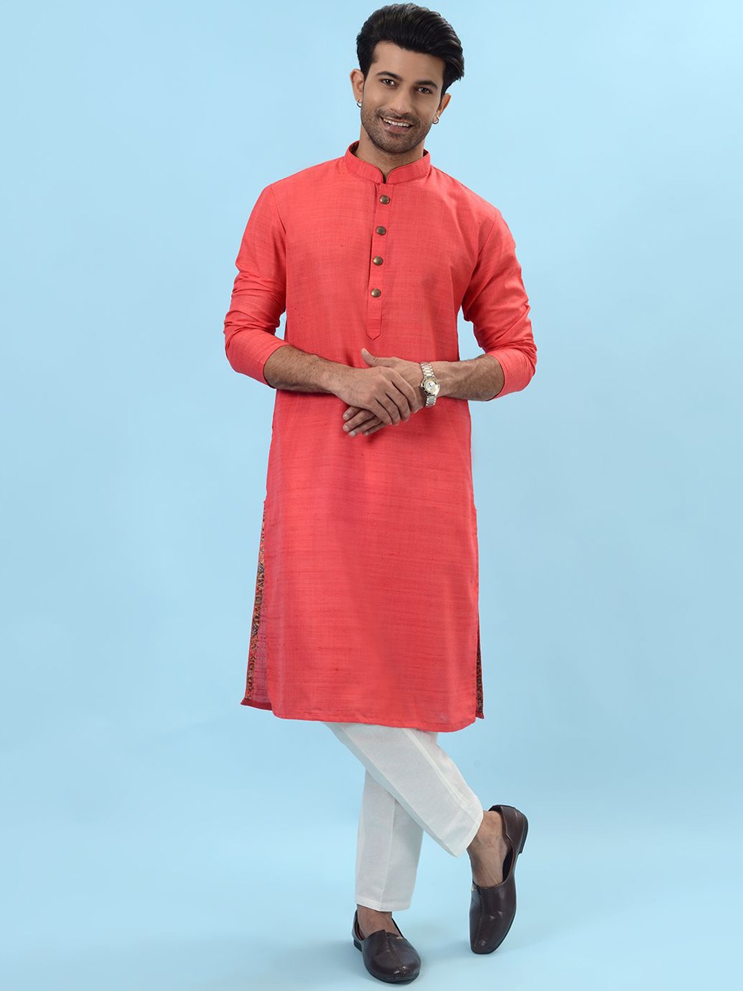 

azania Woven Design Mandarin Collar Straight Kurta, Pink