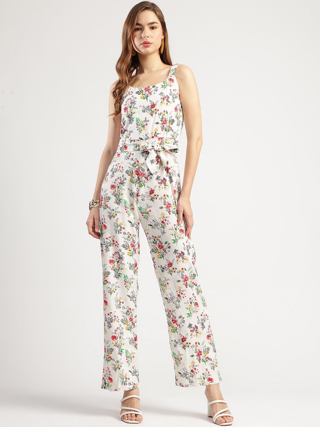 

T TRYON ULTIMATE Women Floral Printed Shoulder Straps Basic Jumpsuit With Belt, White