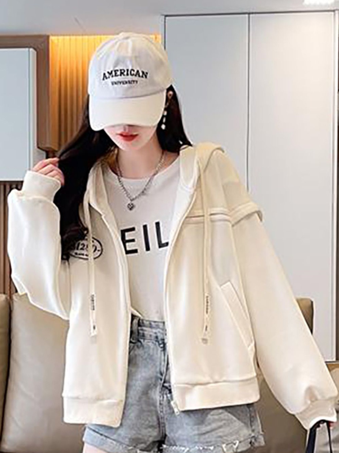 

JC Mode Women Printed Hooded Sweatshirt, Beige