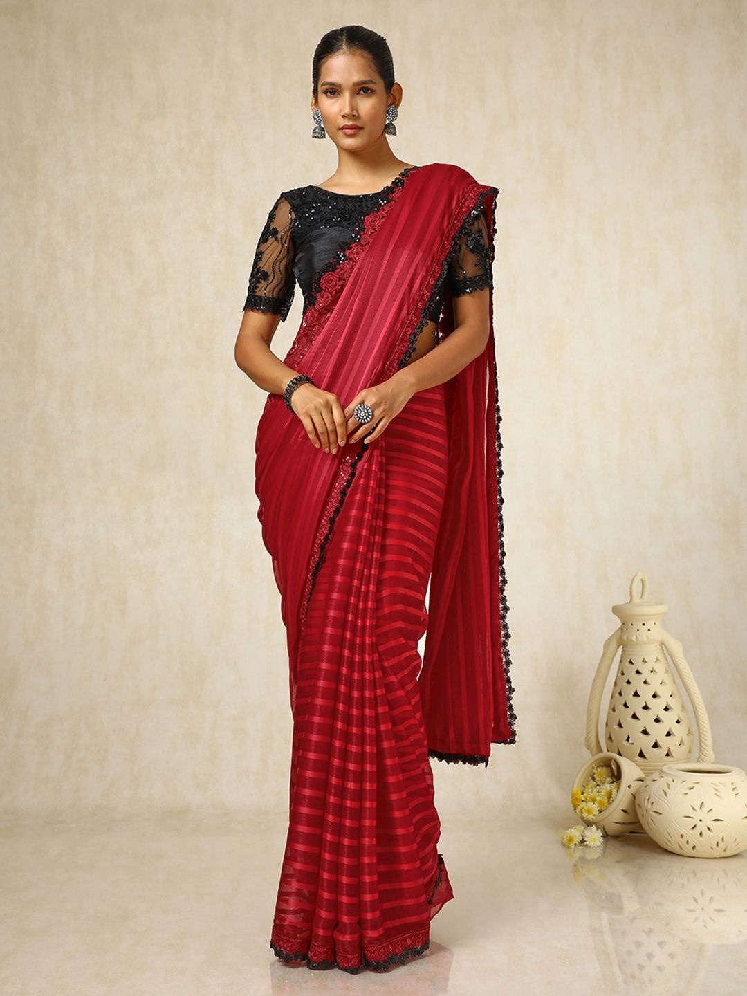 

Soch Pure Chiffon Saree With Embellished Border, Red