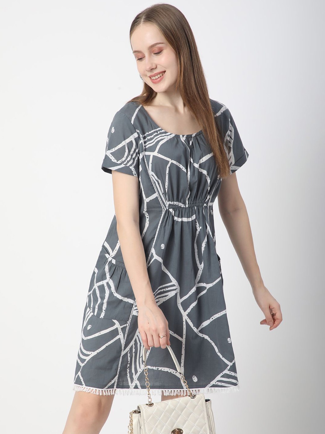 

R&B Cotton Printed Round Neck Short Sleeves A-Line Dress, Grey