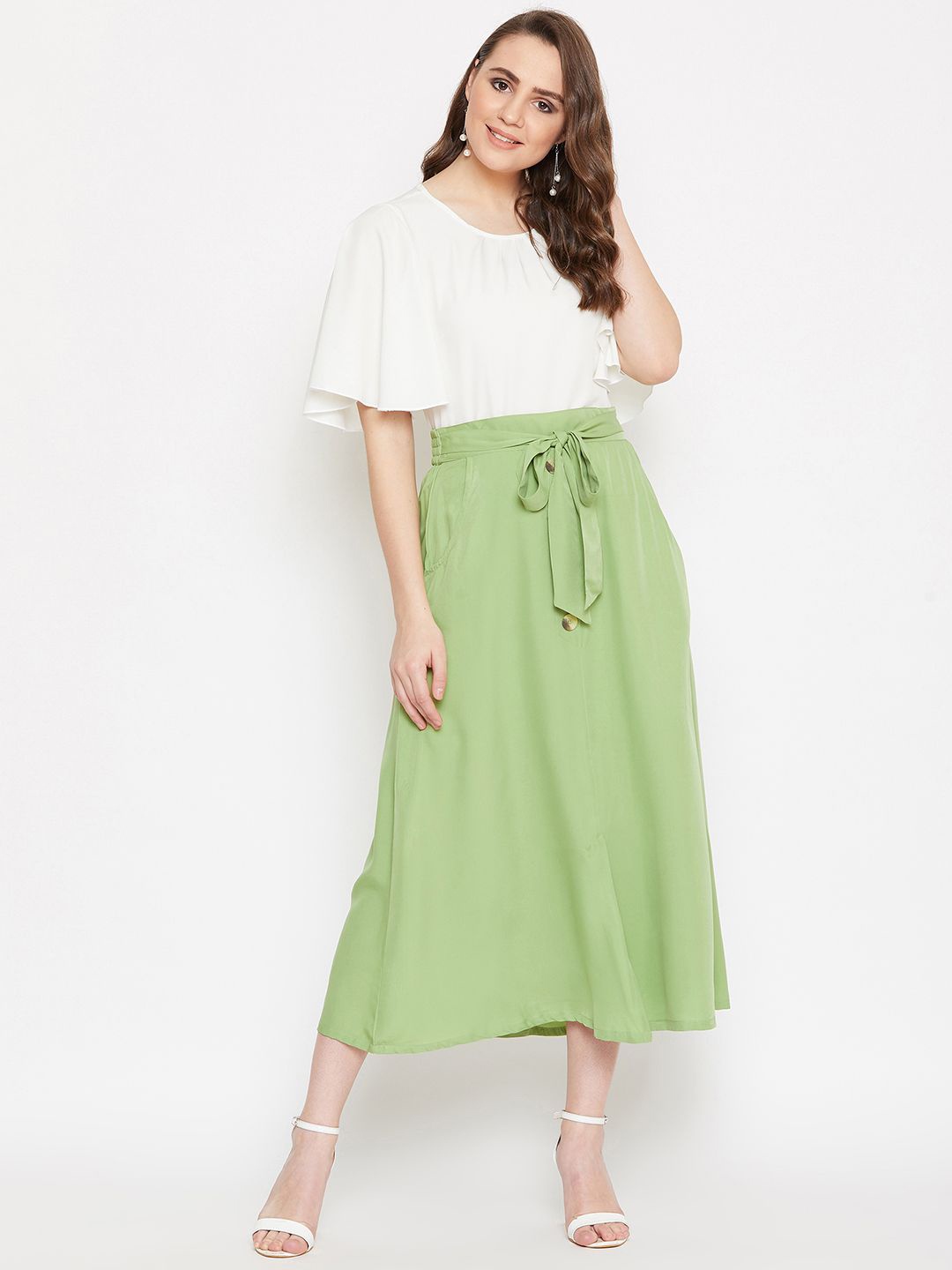 

Bitterlime Round Neck Top & Skirt, White