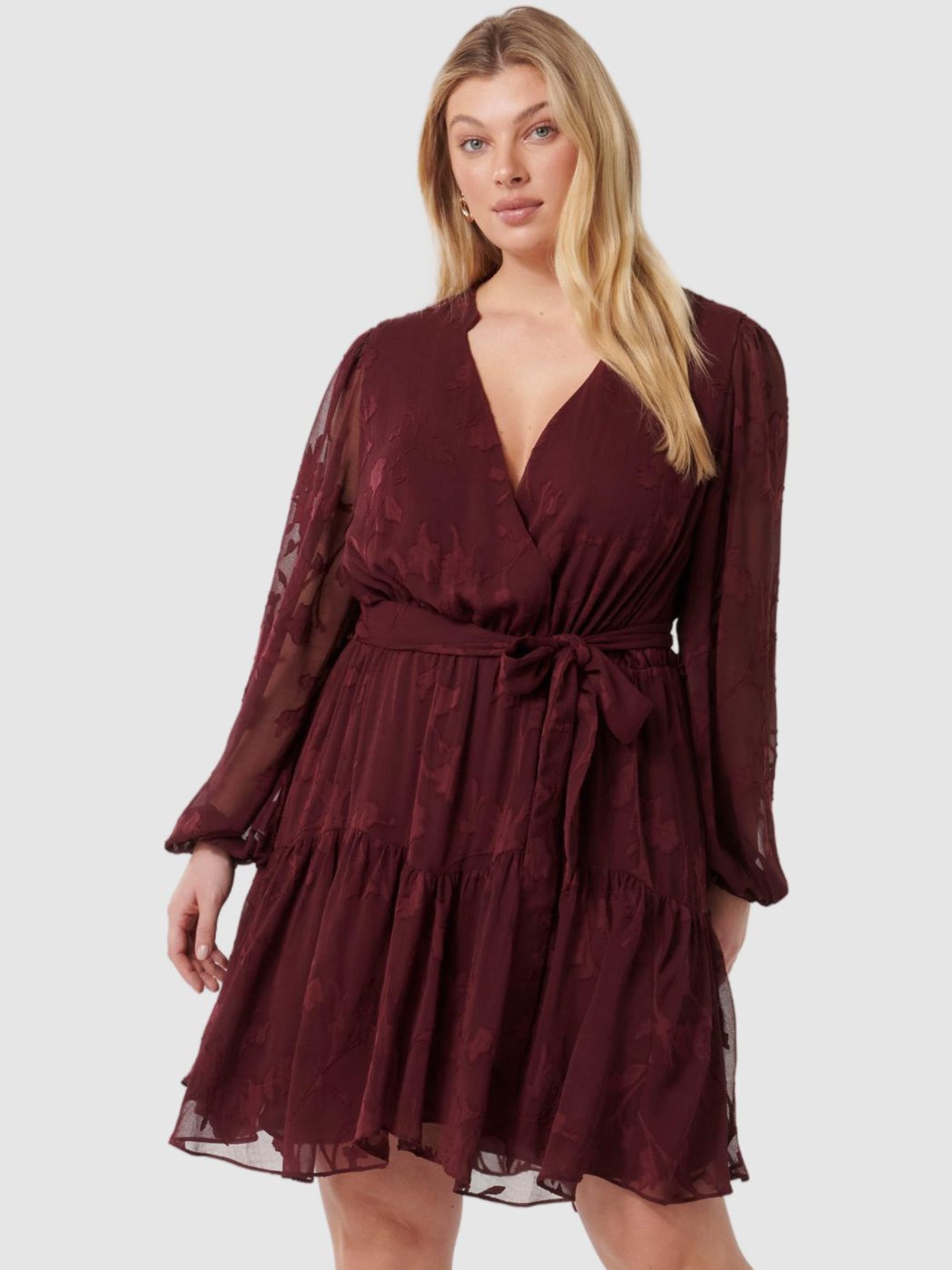 

Forever New Women Self Design Fit & Flare Mini Dress, Maroon