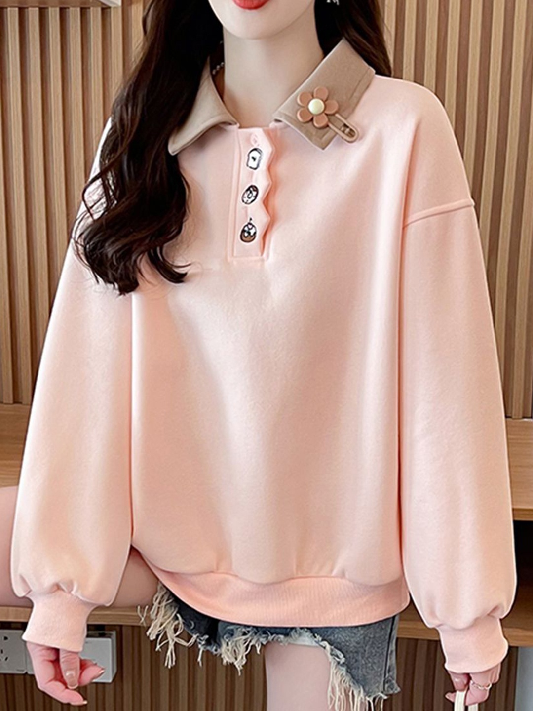 

JC Mode Women Shirt Collar Long Sleeves Pullover Sweatshirt, Pink