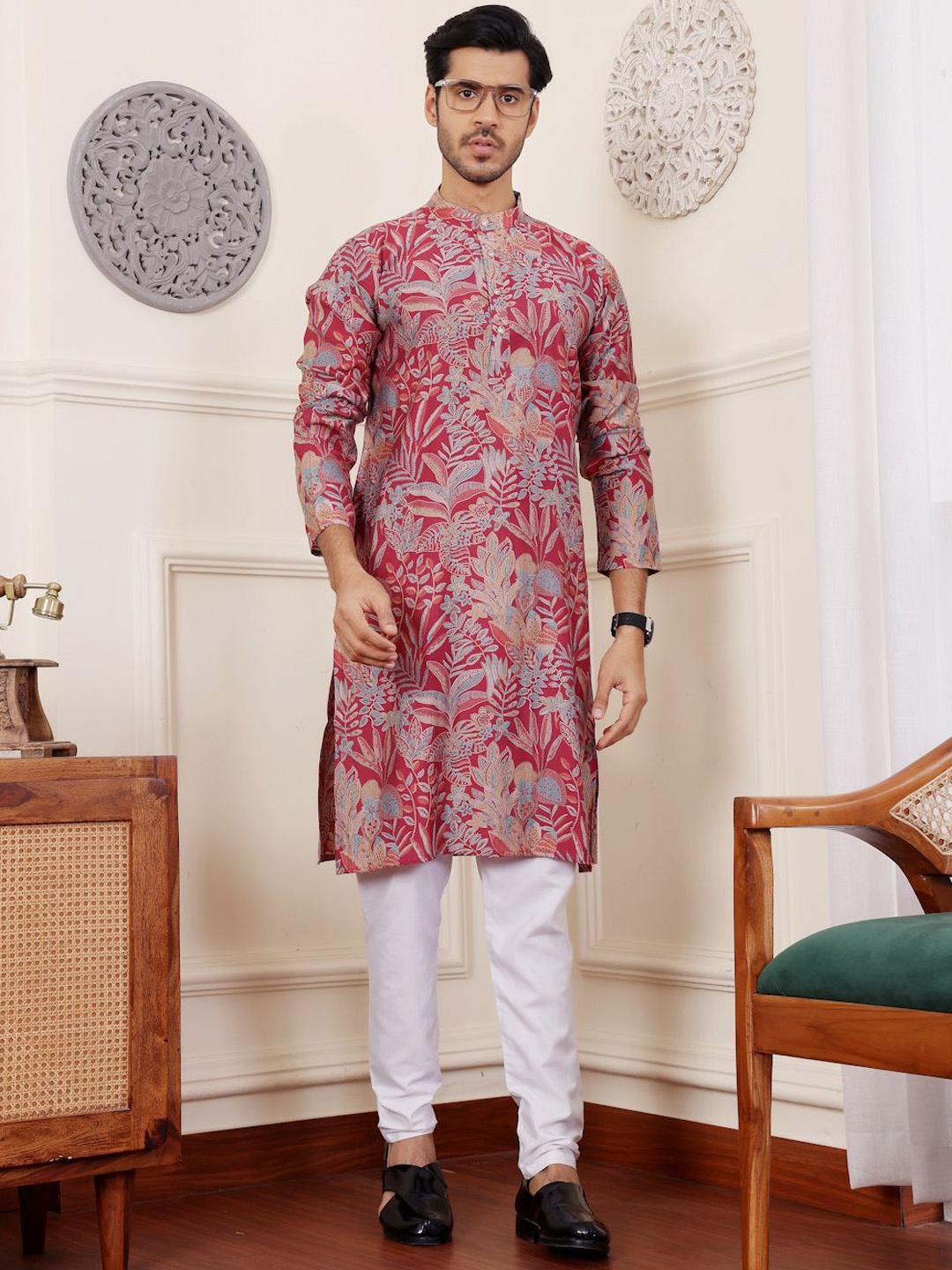 

Rawayi Floral Printed Band Collar Modal Straight Kurta, Magenta