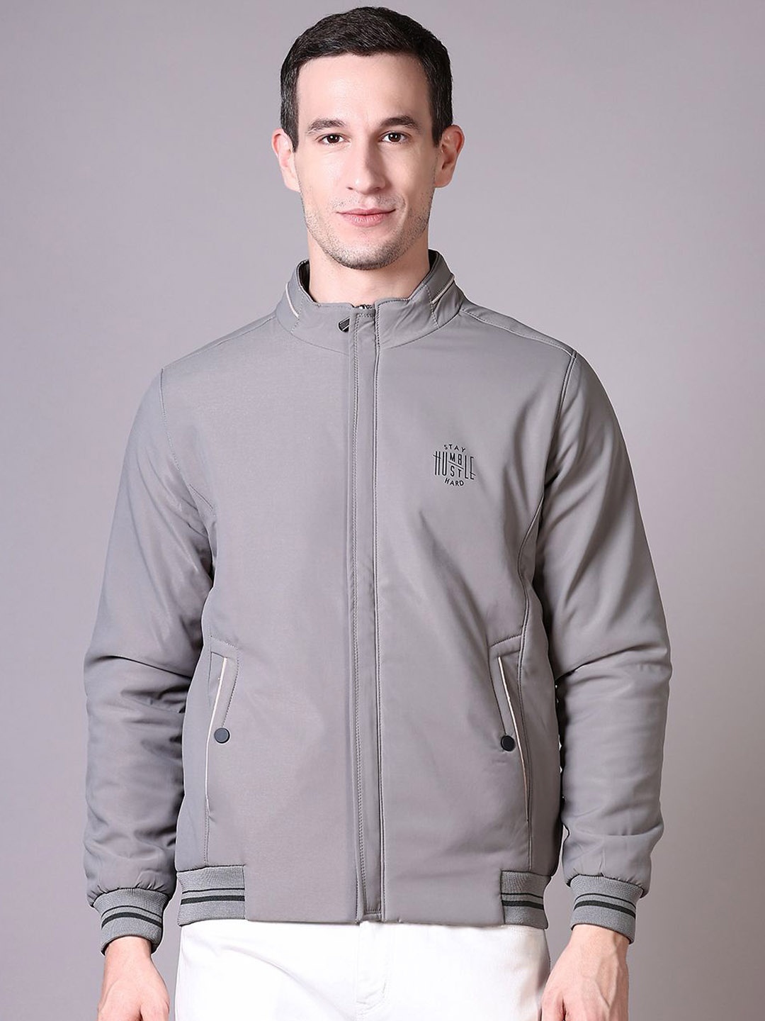 

V-Mart Men Bomber with Patchwork Jacket, Grey