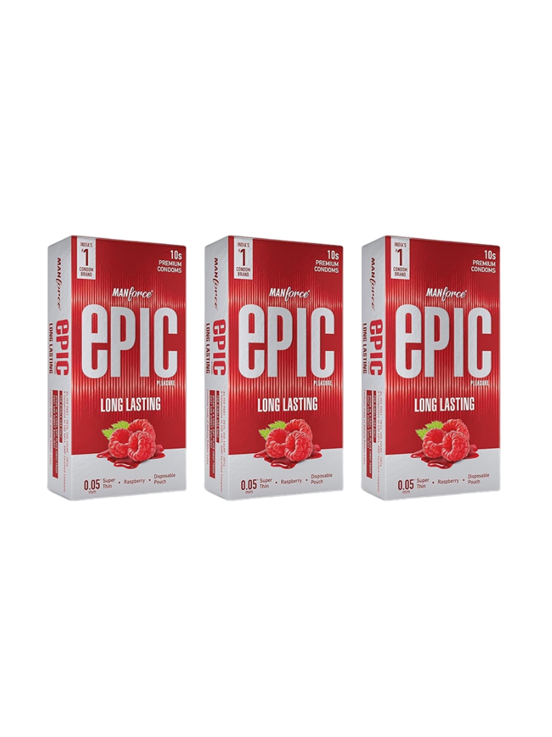 

Manforce Set of 3 Epic Pleasure Long Lasting Raspberry Flavoured Condoms - 10 Pcs Each, Red