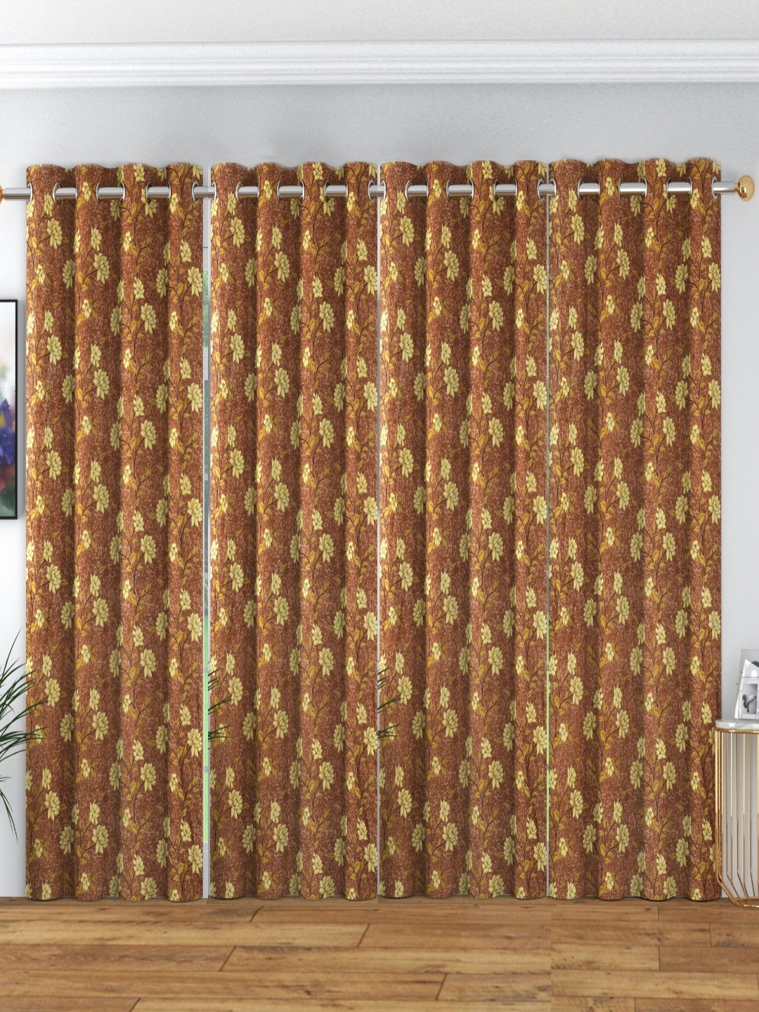 

ANA Brown & Yellow 4 Pieces Floral Room Darkening Door Curtain