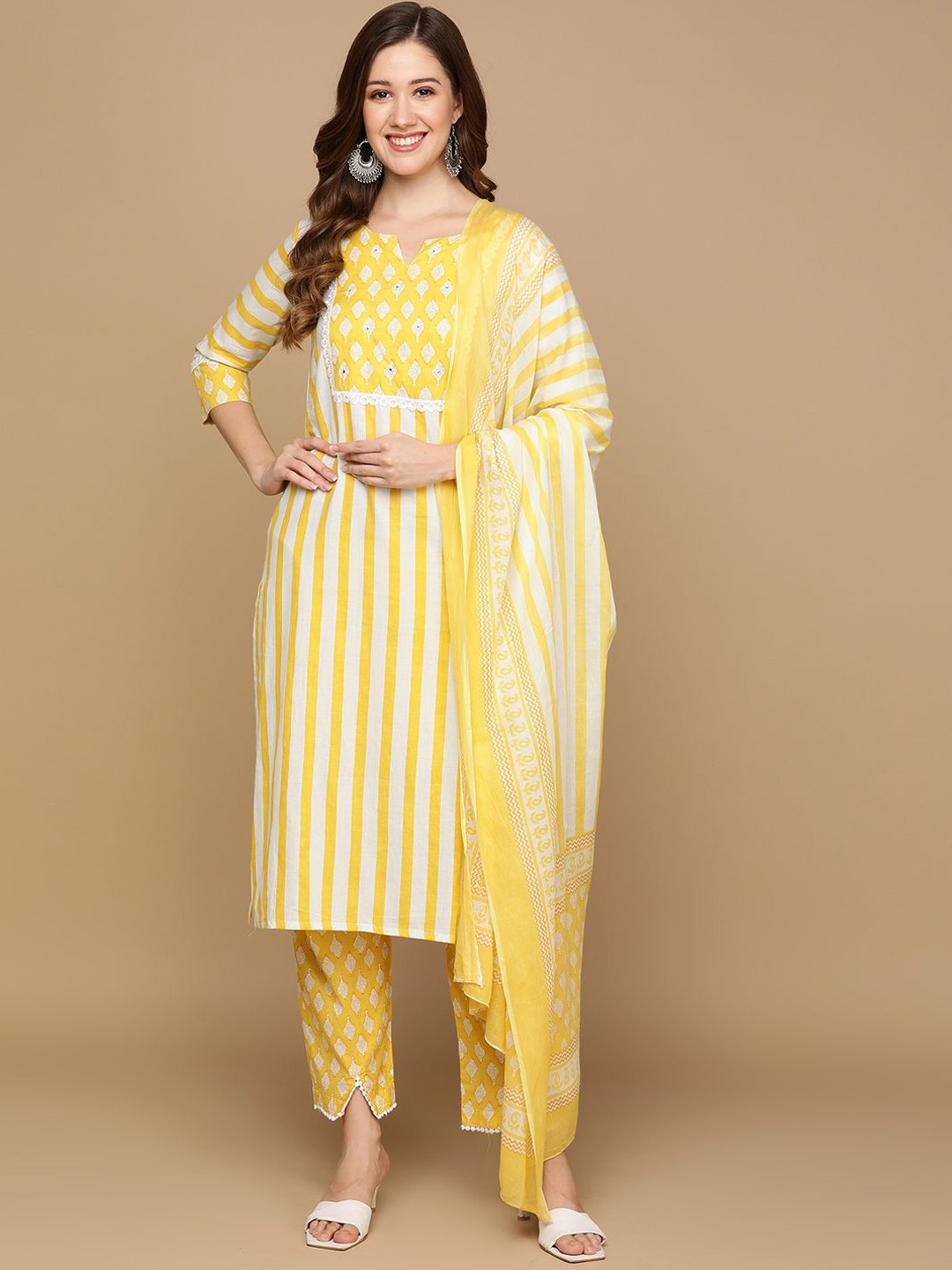 

Senyora Striped Printed Mirror Work Pure Cotton Straight Kurta With Trousers & Dupatta, Yellow