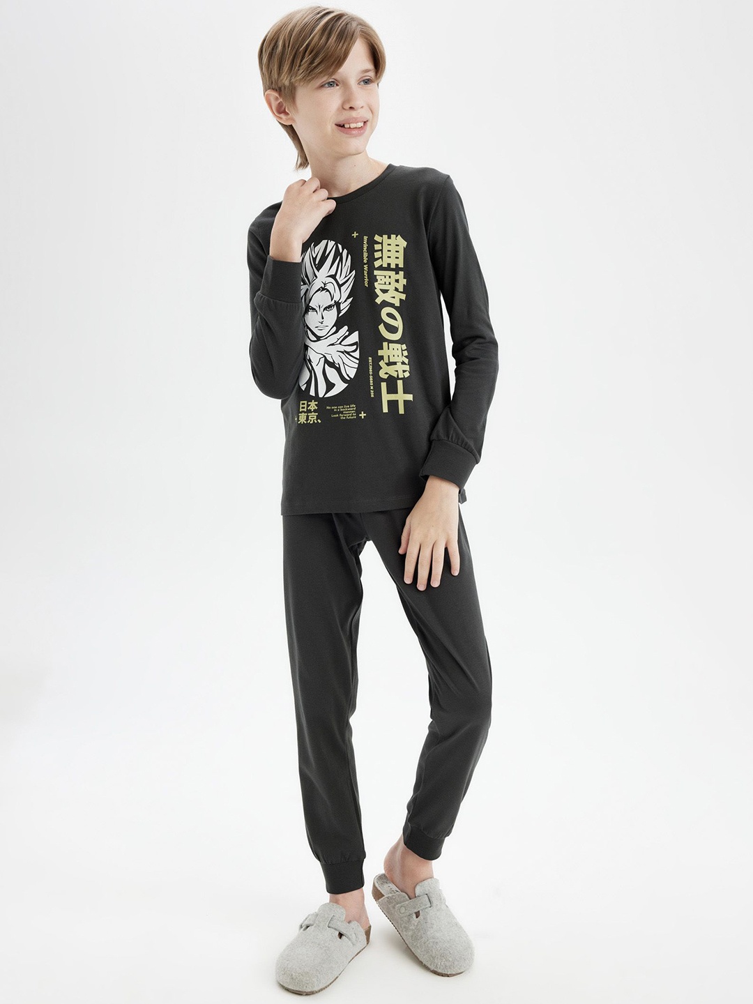 

DeFacto Boys Printed Pure Cotton T-Shirt & Joggers Night Suit 235037043-ANTHRA, Black