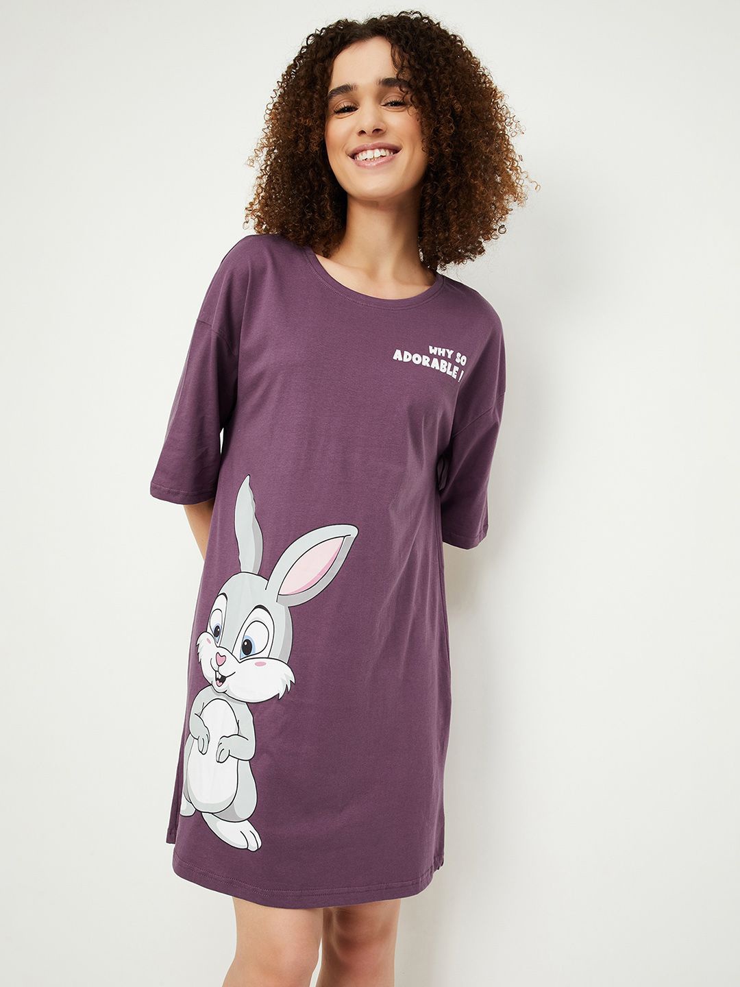 

max Women Printed Round Neck Pure Cotton Nightdress, Purple