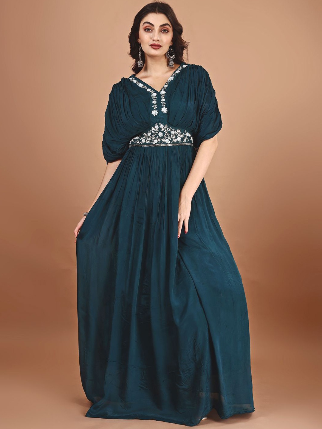 

KUNDAN FAB Women Embroidered Cotton A-Line Maxi Ethnic Dress, Olive