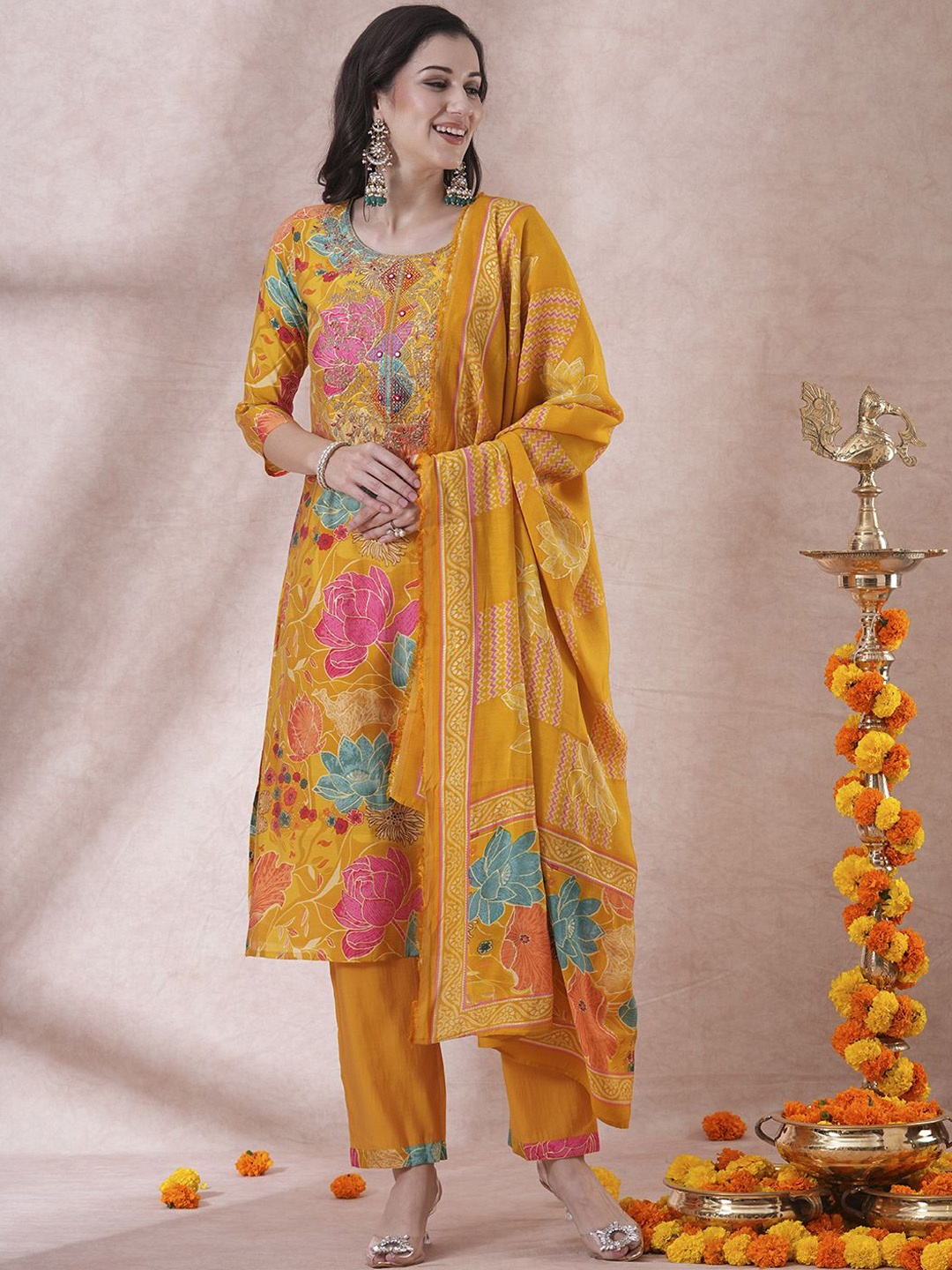 

FASHOR Yellow Floral Printed Mirror Work Straight Kurta with Trouser & Dupatta