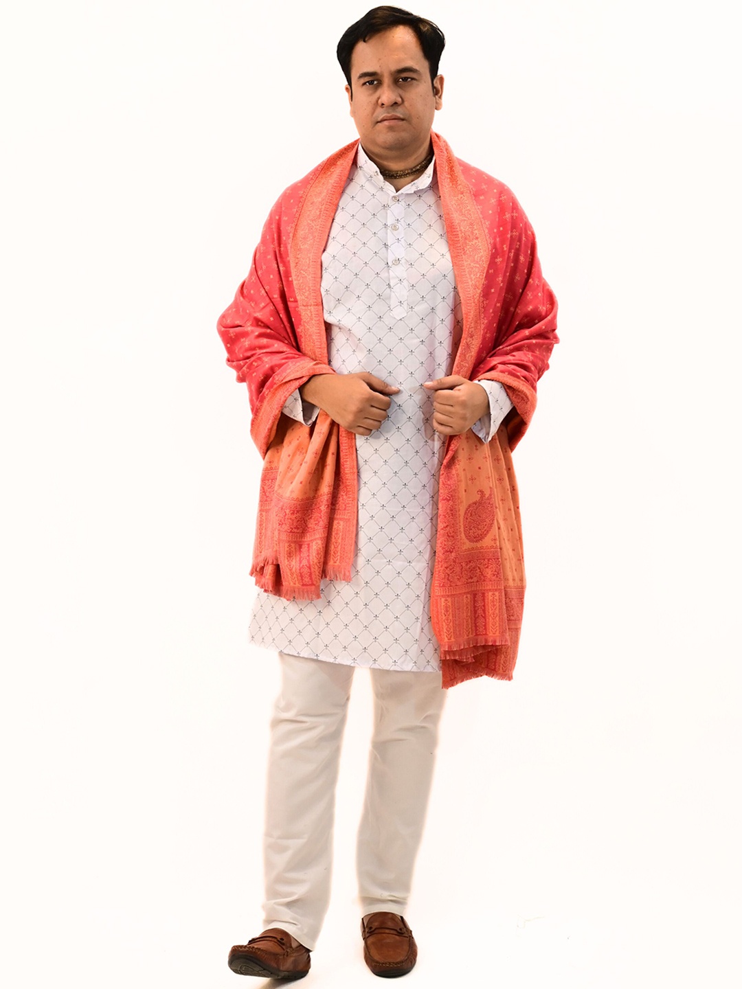 

Vrinde Ethnic Motifs Printed Woollen Shawl, Peach