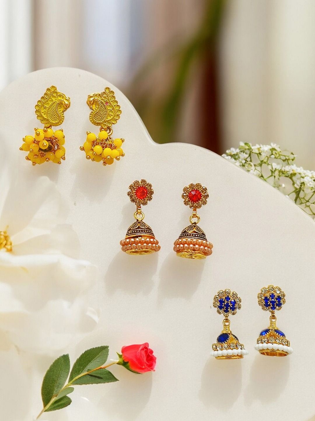 

9blings Set Of 3 Gold-Plated Dome Shaped Stone Studded Jhumkas