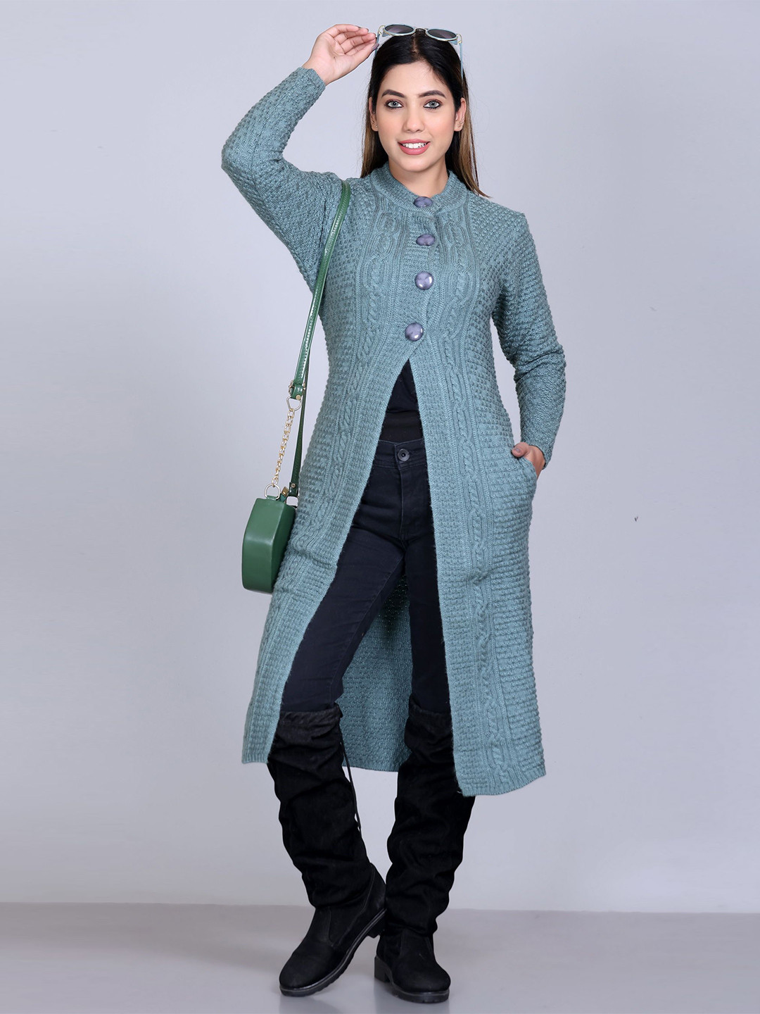 

Winter Wonders Hairy Self Design Woolen Longline Sweater With Pockets, Grey