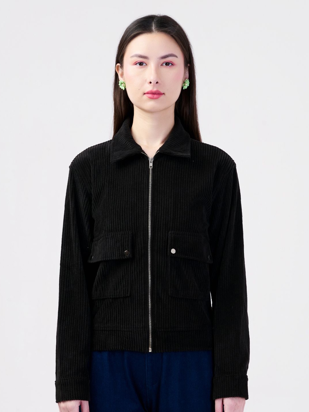 

Albion By CnM Women Self Design Shirt Collar Long Sleeves Sweatshirt, Black
