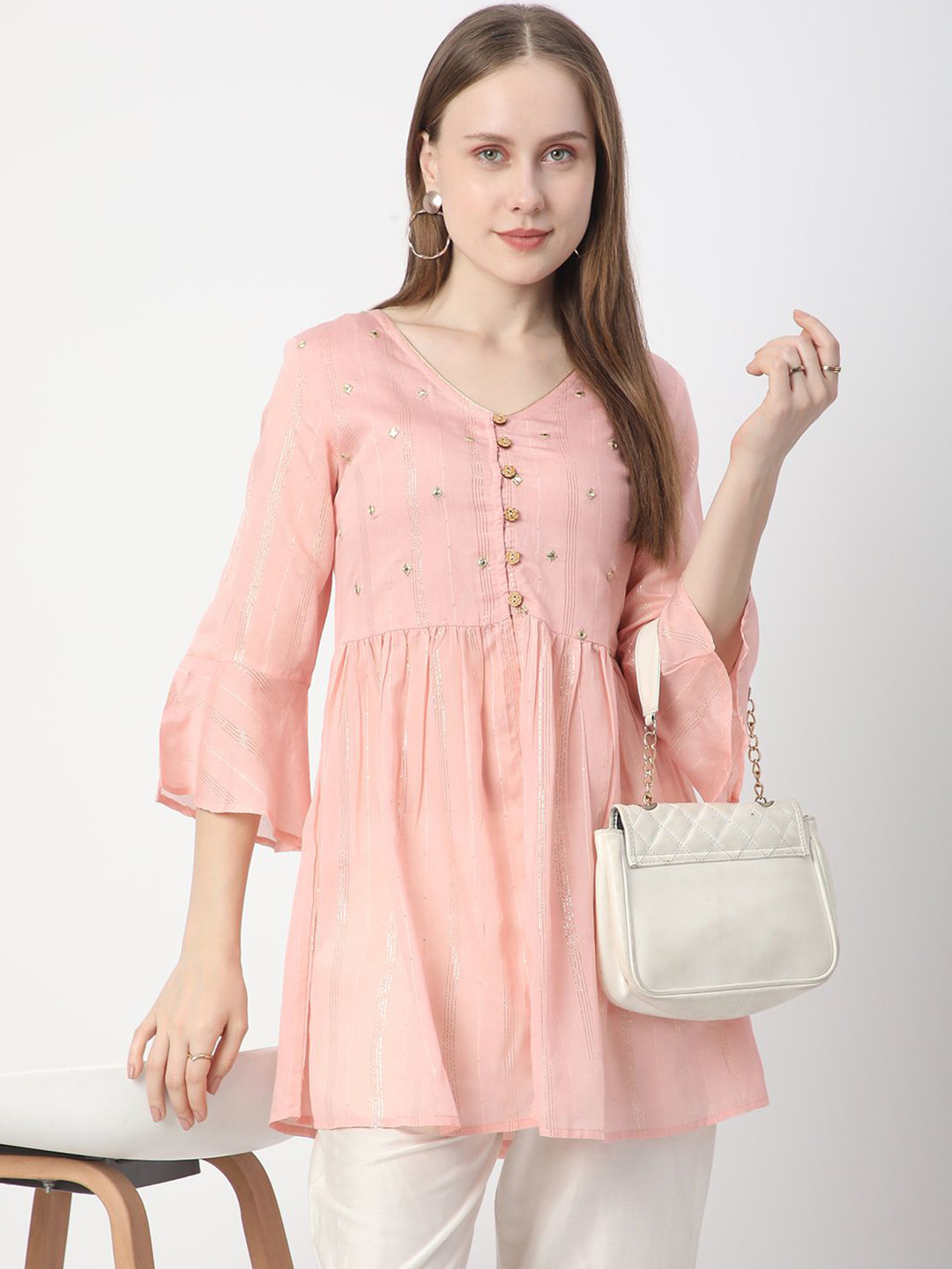 

R&B Women Embroidered Bell Sleeves Tunic, Pink