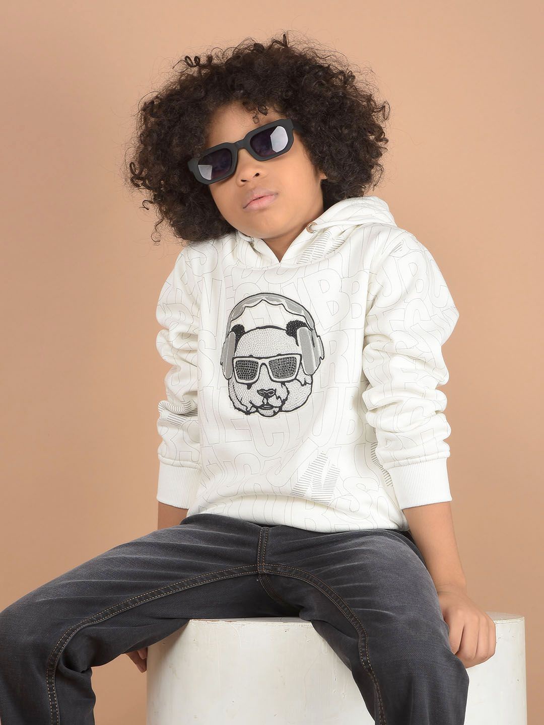 

Crimsoune Club Boys Cotton Printed Hooded Sweatshirt, White