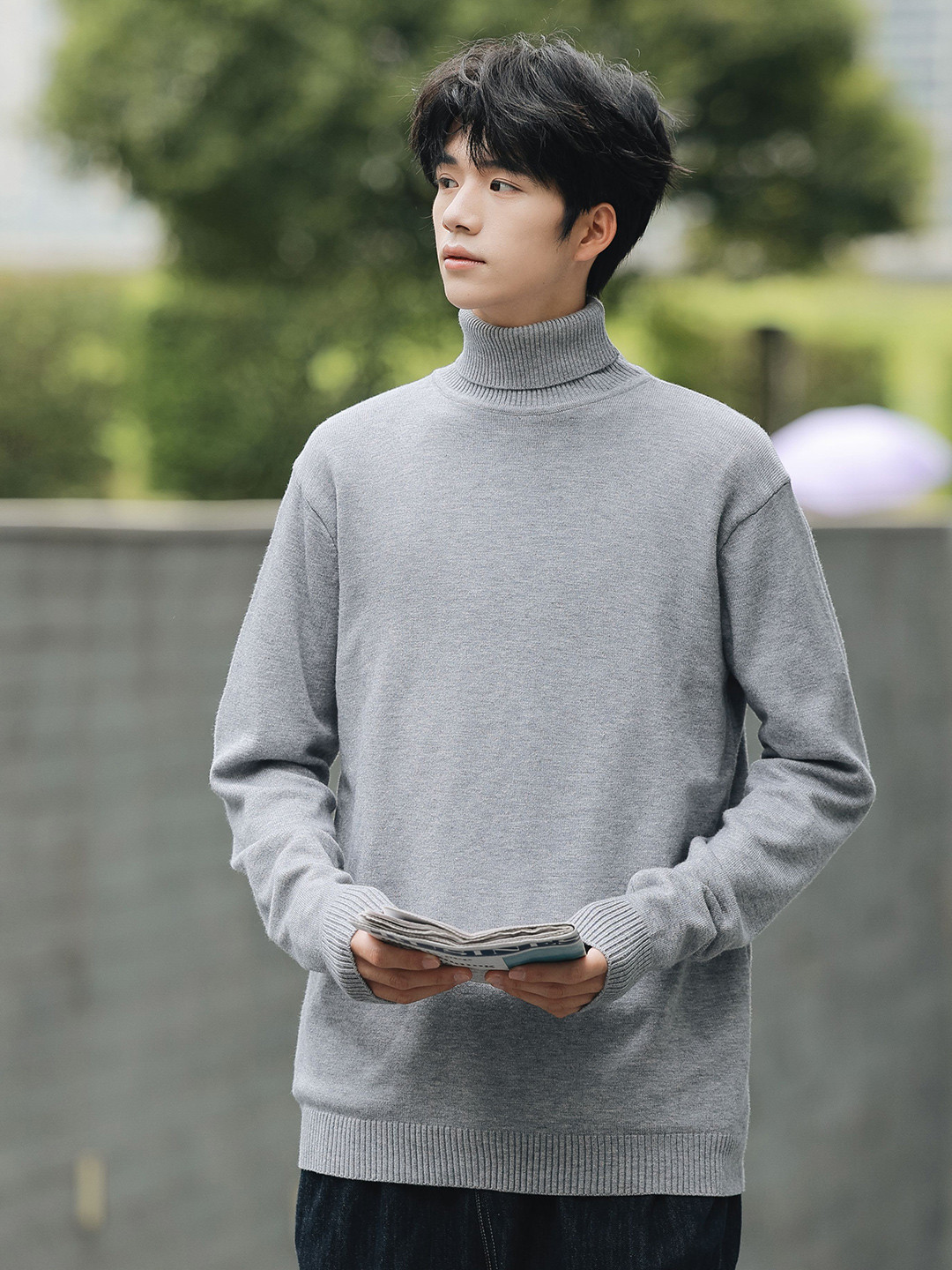 

StyleCast x Revolte Men Turtle Neck Longline Pullover Sweater, Grey