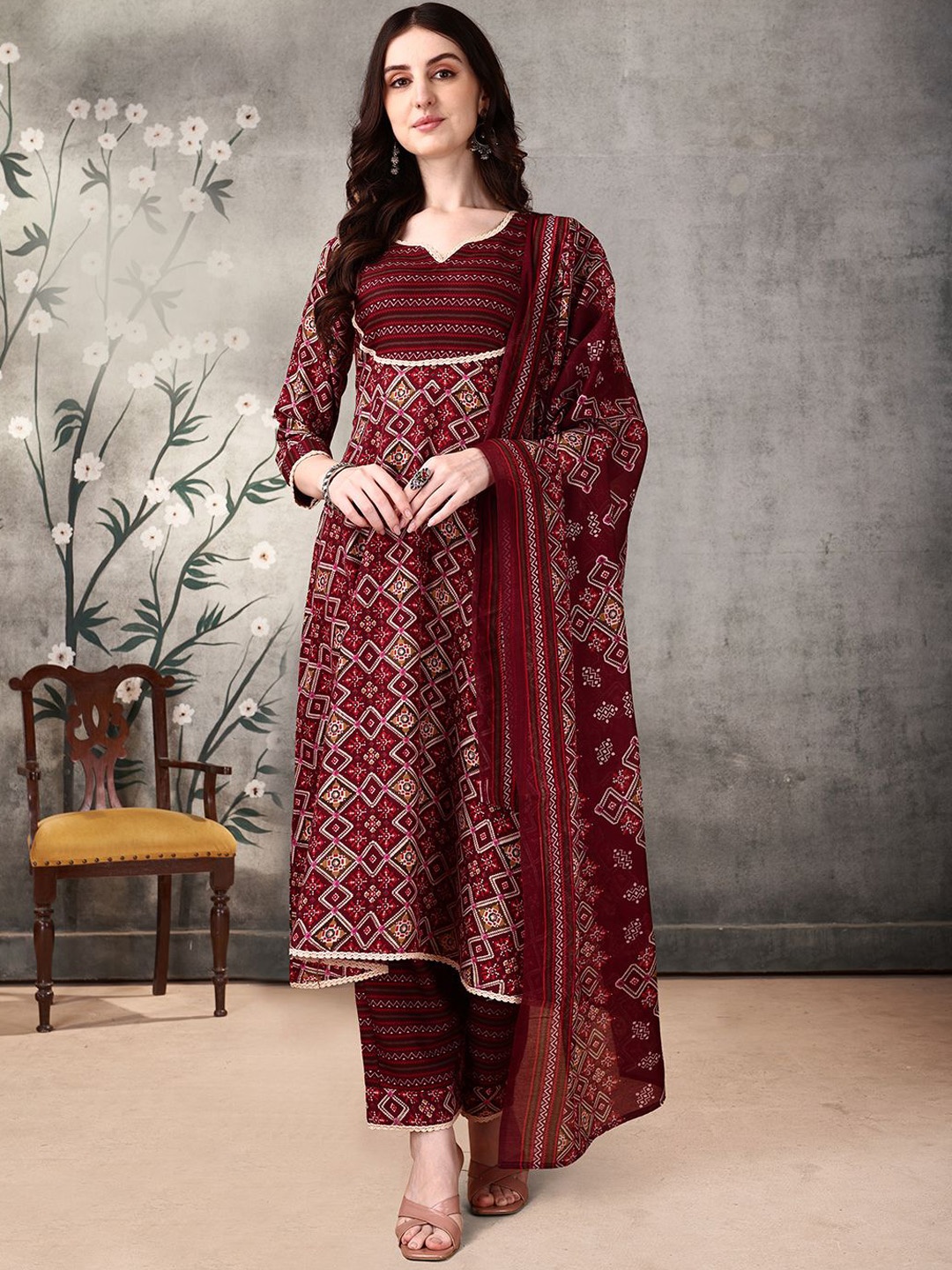 

KALINI Ethnic Motifs Printed Anarkali Kurta With Trouser & Dupatta, Maroon