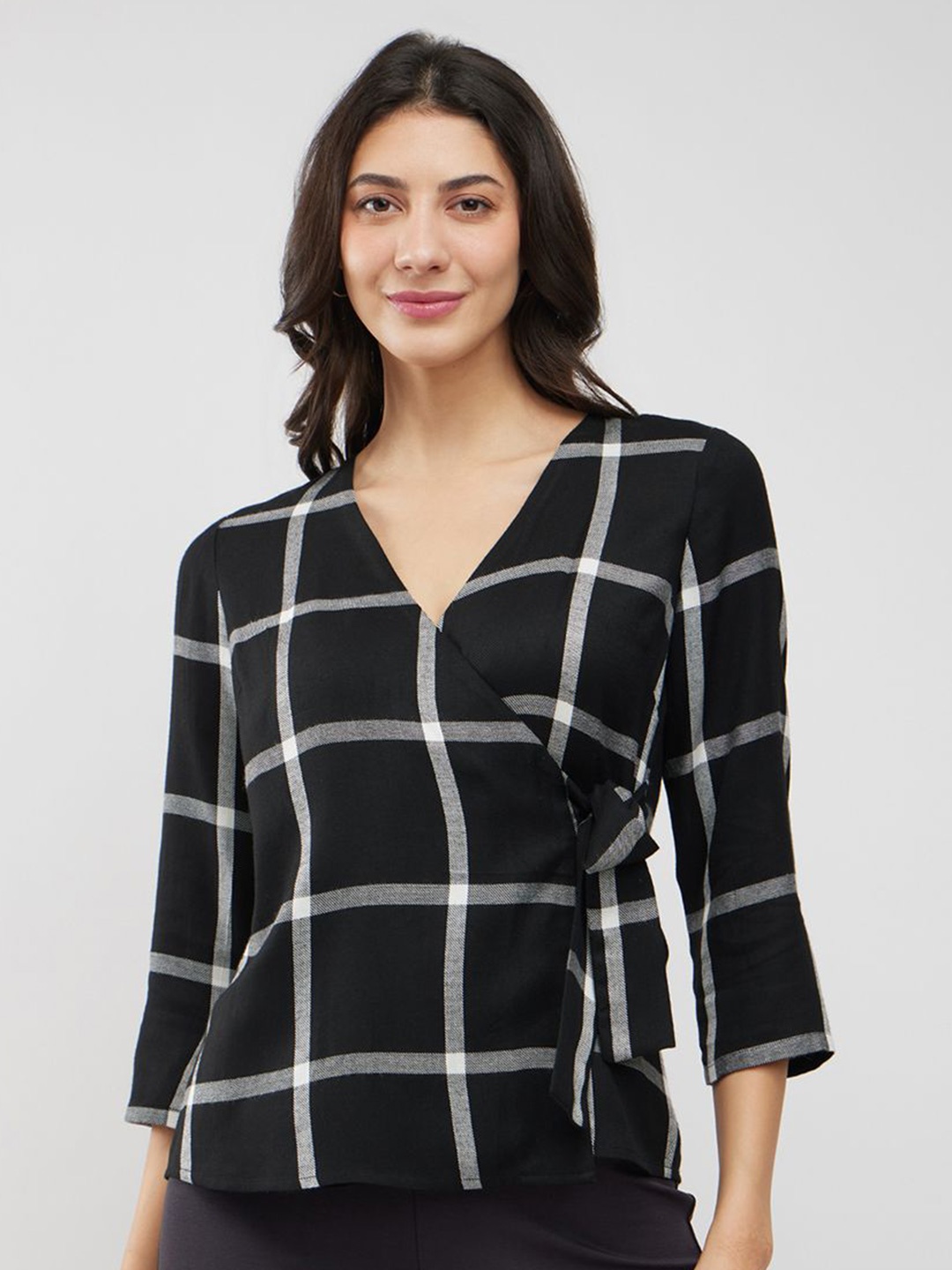 

FableStreet Women Checked Wrap Top, Black