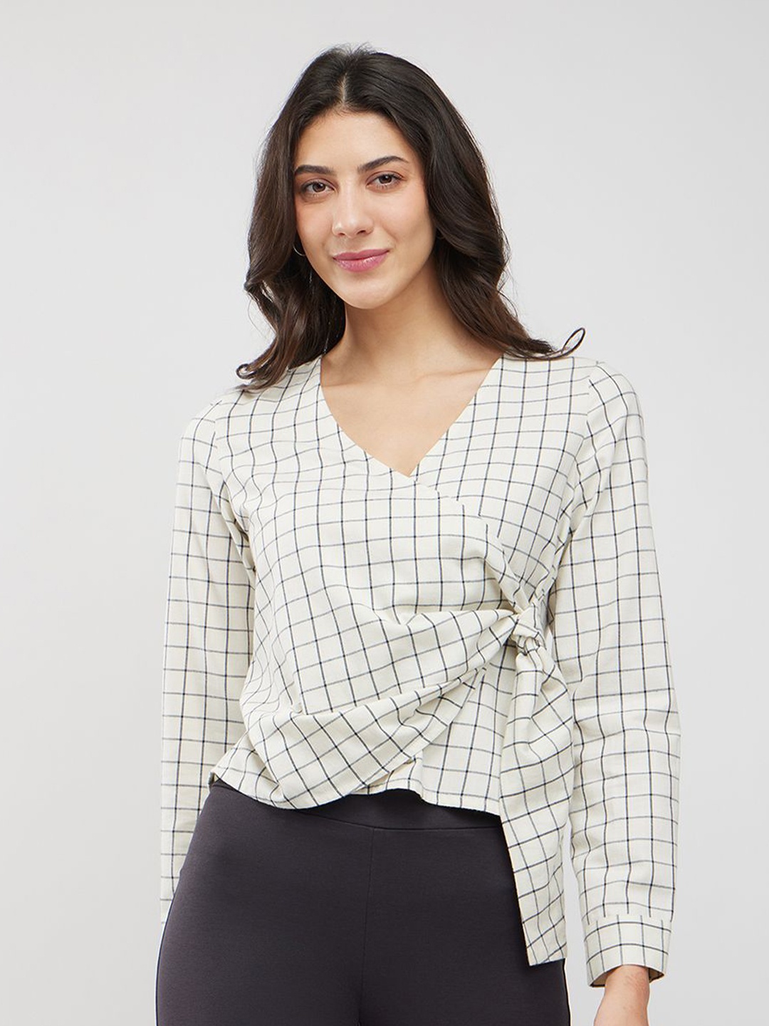 

FableStreet Women Checked Printed Cotton Wrap Top, Off white