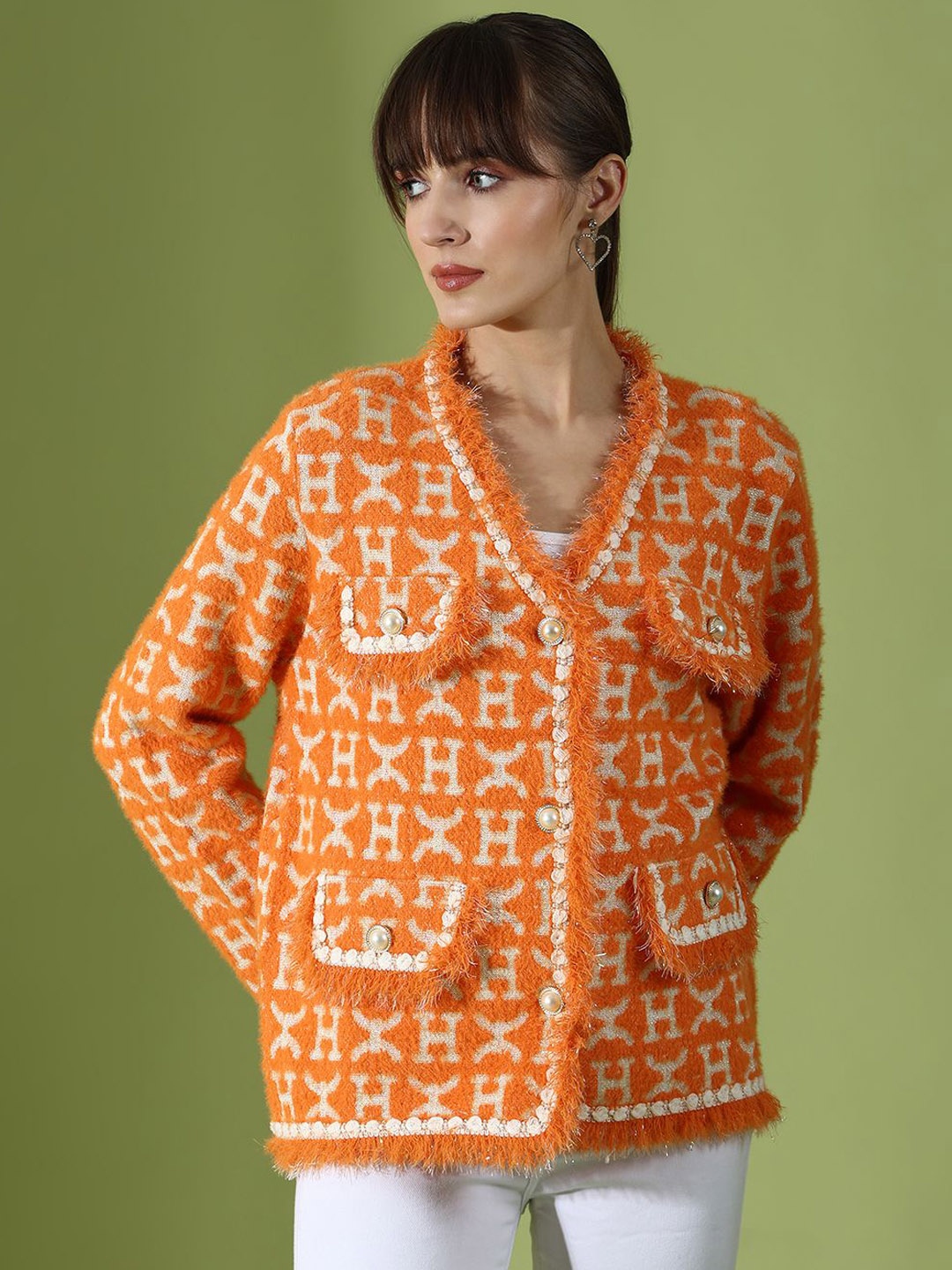

Ziva Fashion Self Design Single Breasted Woolen Overcoat, Orange