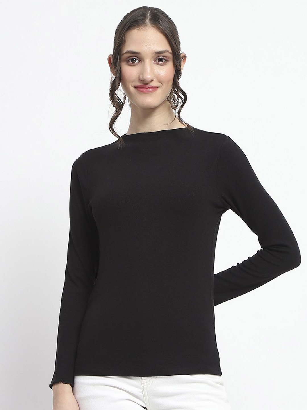 

Madame Women Solid Long Sleeves Top, Black