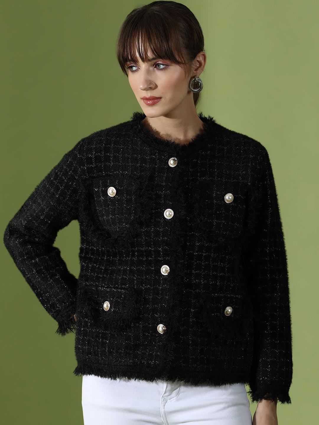 

Ziva Fashion Checked Long Sleeve Single Breasted Woolen Overcoat, Black