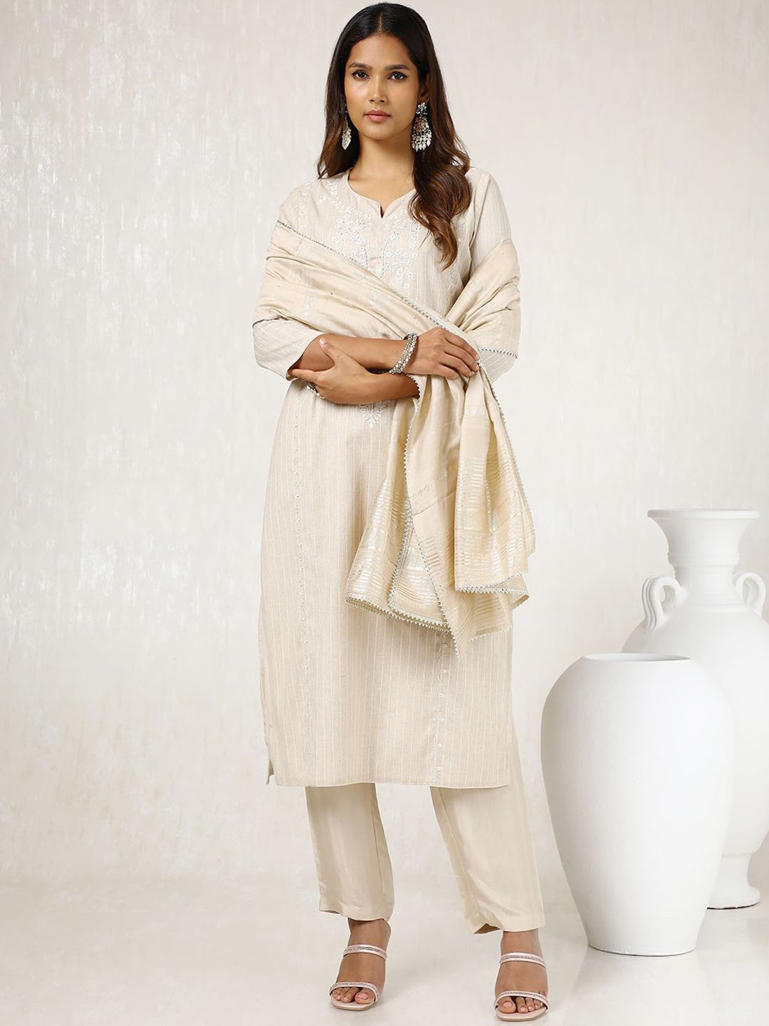 

Soch Floral Embroidered Pure Cotton Straight Kurta with Trousers & Dupatta, Beige