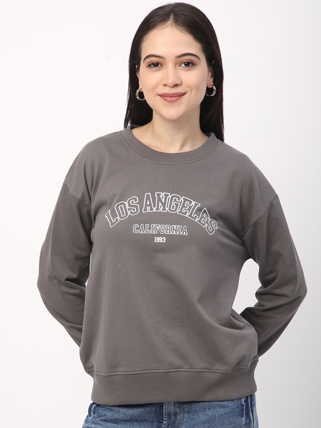 

R&B Women Alphanumeric Printed Pullover Sweatshirt, Grey