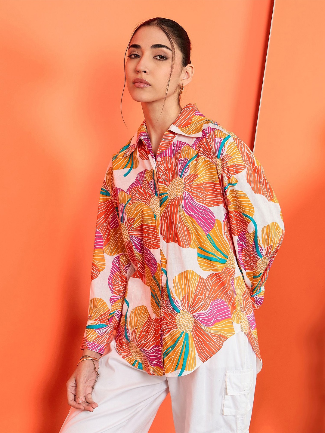

Uptownie Printed Asymmetrical Cotton Shirt, White