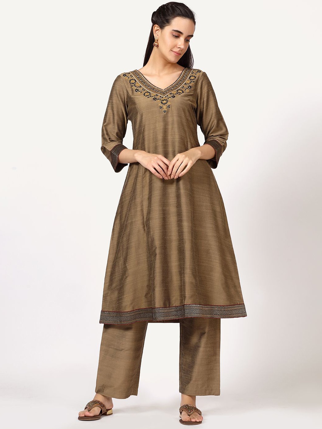

Saffron Threads Embroidered A Line Kurta with Trousers, Brown