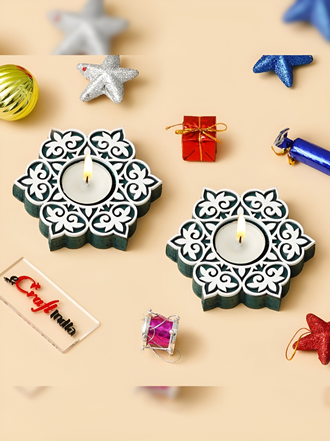 

eCraftIndia Green 2 Pieces Wooden Floral Design Decorative Tea Light Candle Holder