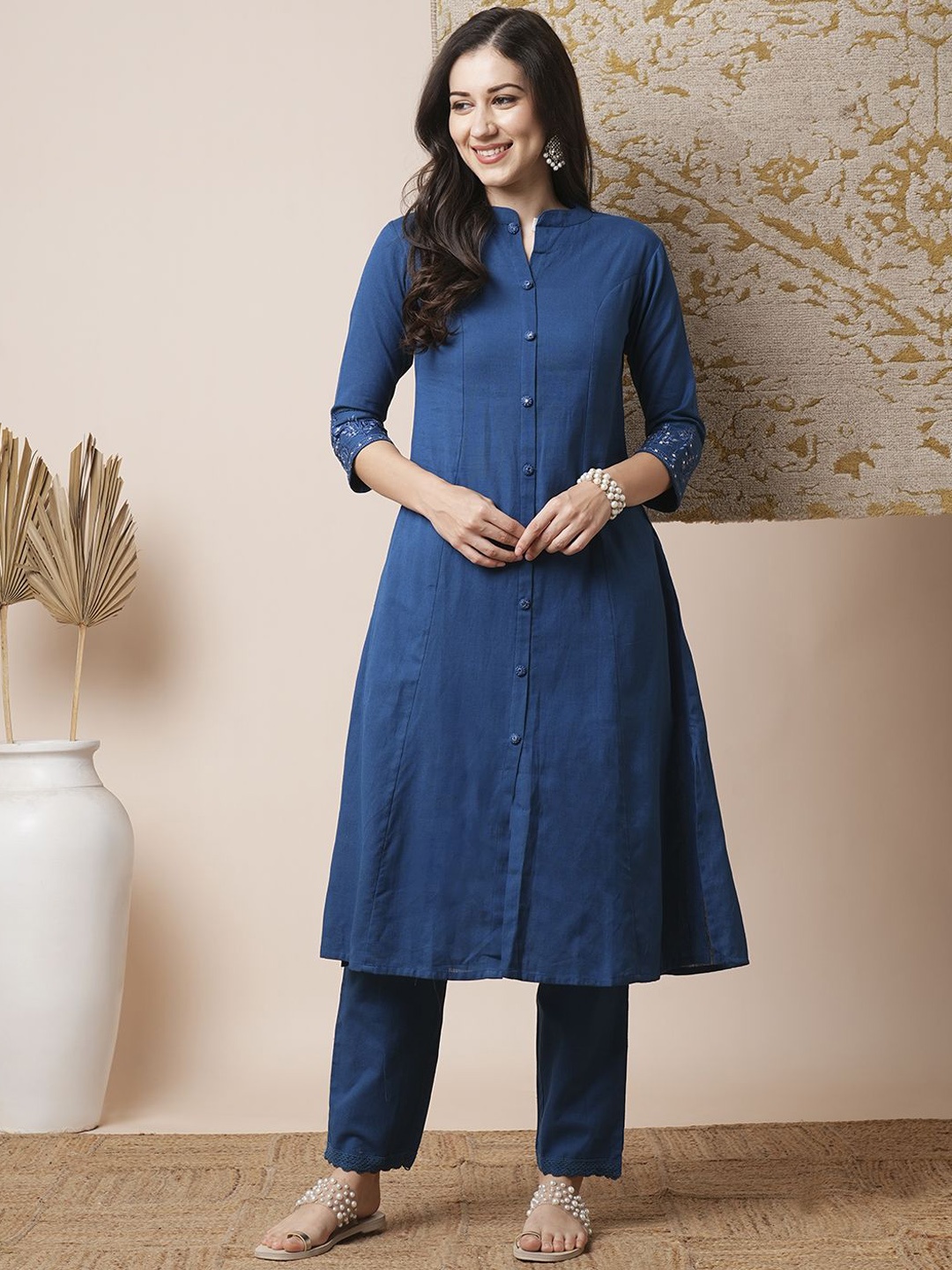 

FASHOR Embroidered Mandarin Collar Pure Cotton Top With Trouser, Teal