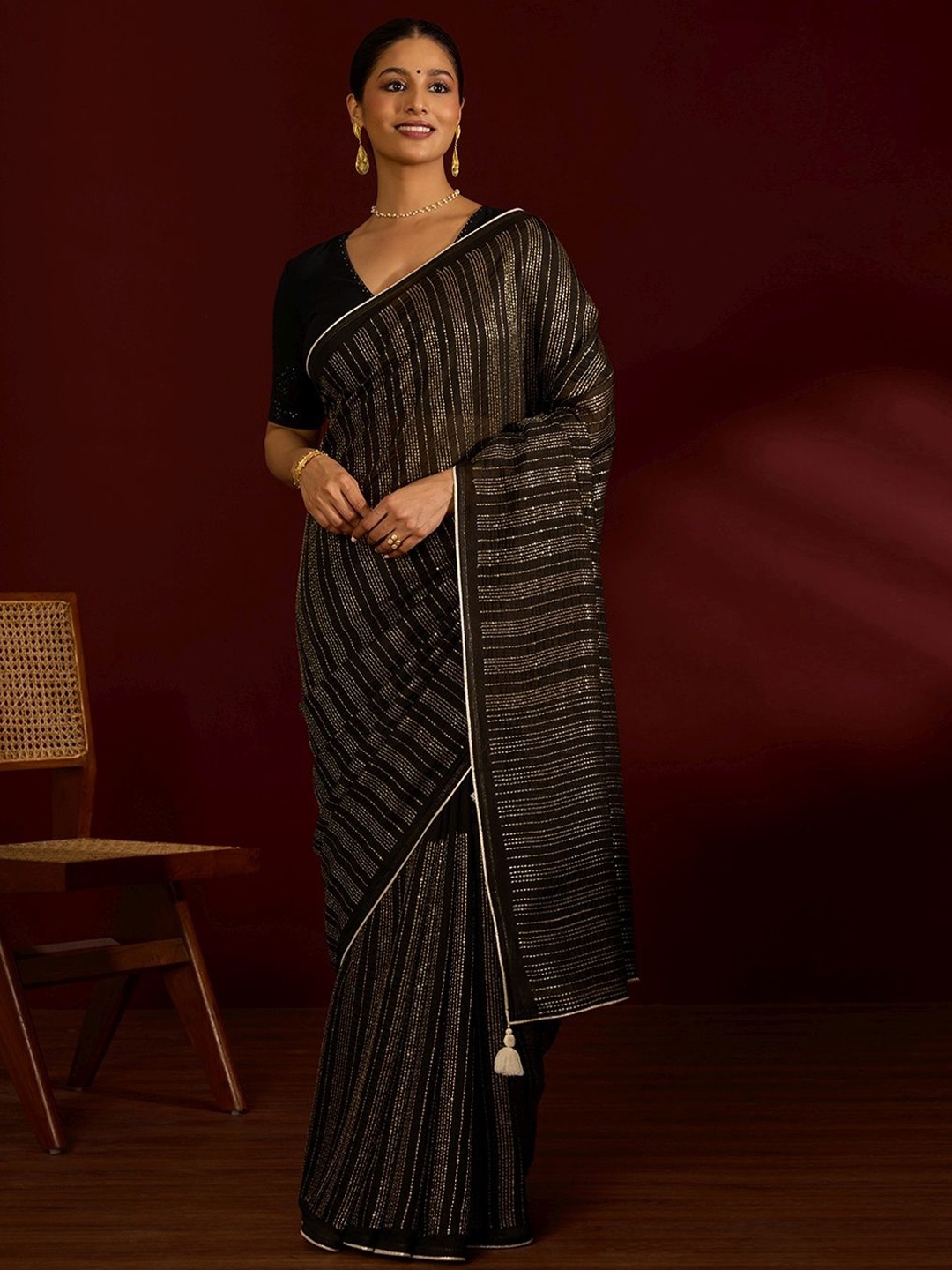 

Taneira Striped Embroidered Pure Silk Saree, Black