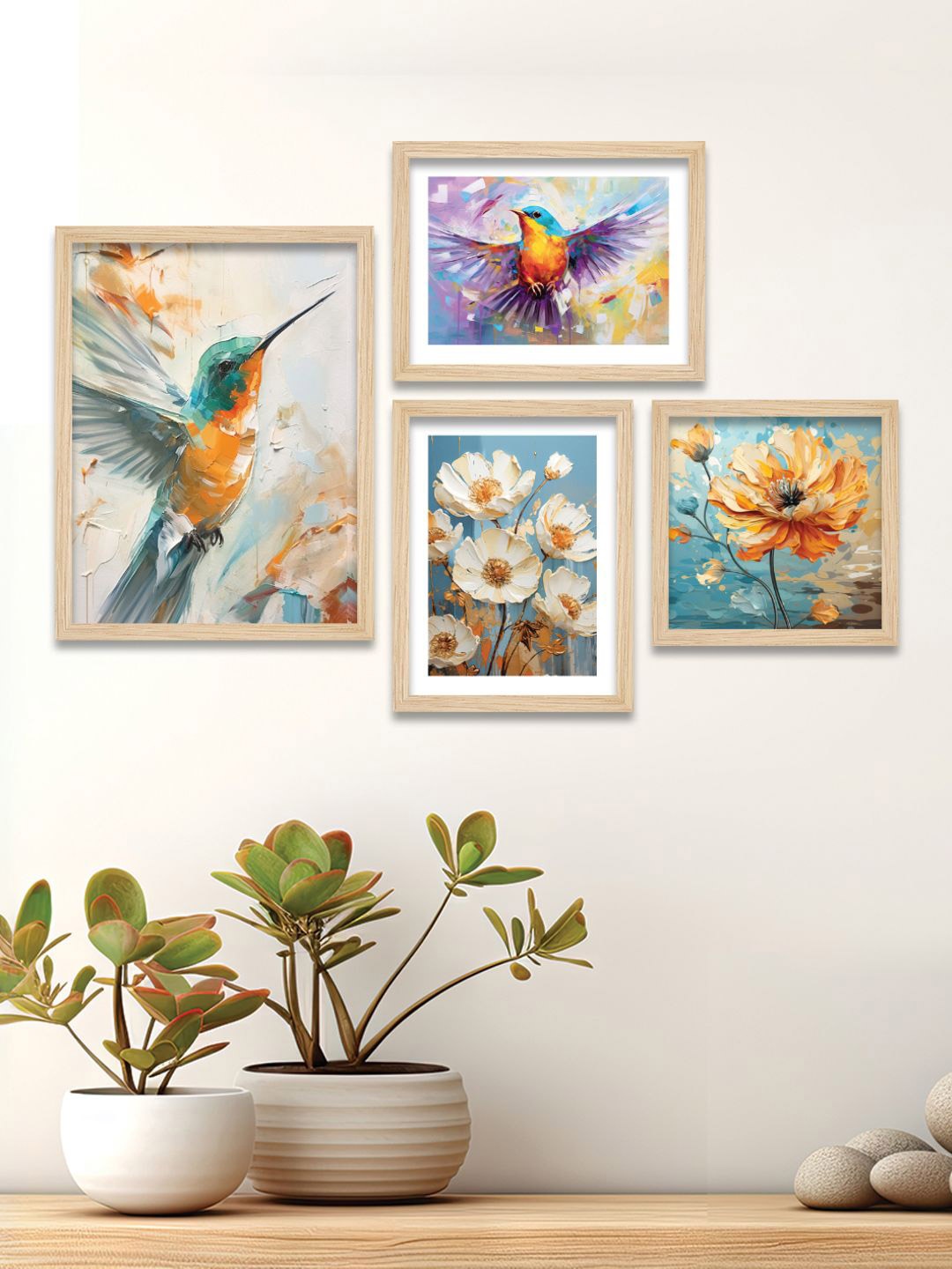 

ArtVibes Green & Orange 4 Pieces Hummingbird Printed Wooden Wall Arts, Beige