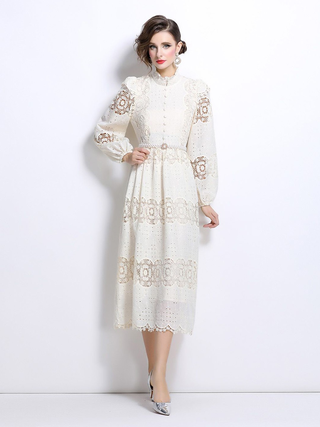 

JC Collection Women Self Design Fit and Flare Midi Dress, Beige